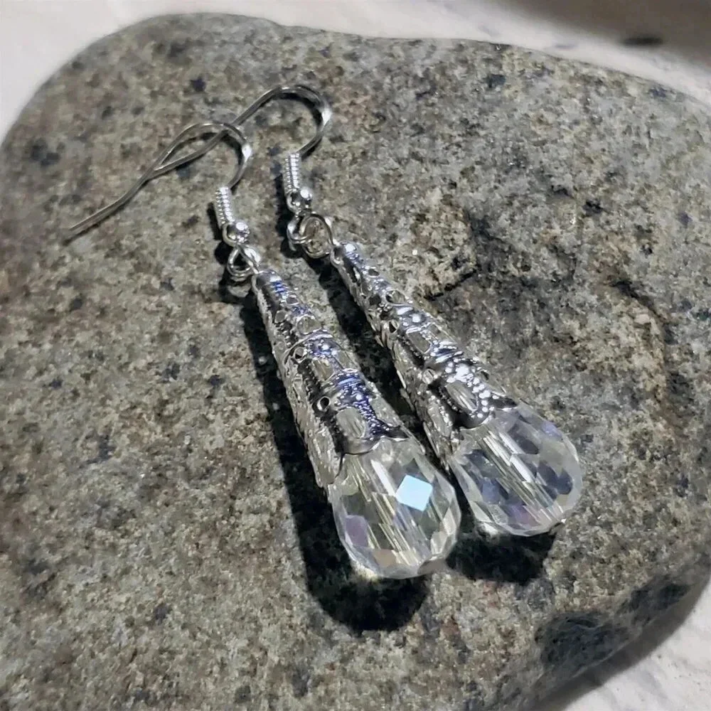Artisan Caged Filigree Faceted Clear Crystal Silver Teardrop Earrings
